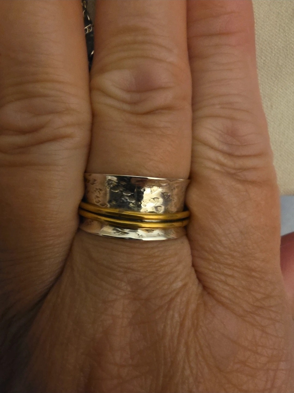 Hammered Sterling Silver Ring with Gold Accent Spinner Ring - Women's Jewelry